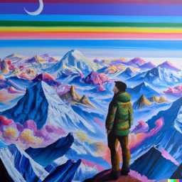 someone gazing at Mount Everest, painting by Okuda San Miguel generated by DALL·E 2